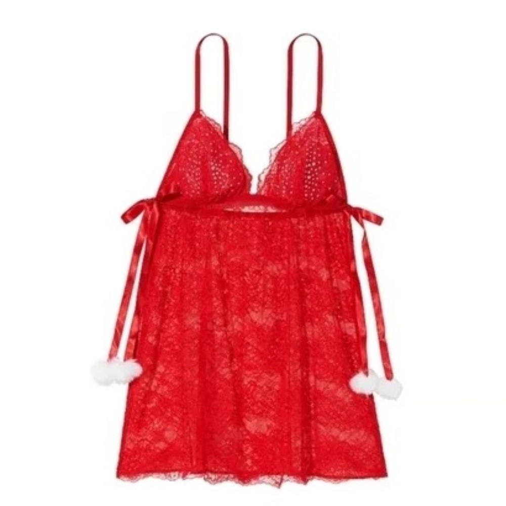New! Victoria's Secret Flyaway Lace Babydoll Slip Red with PomPoms 31578